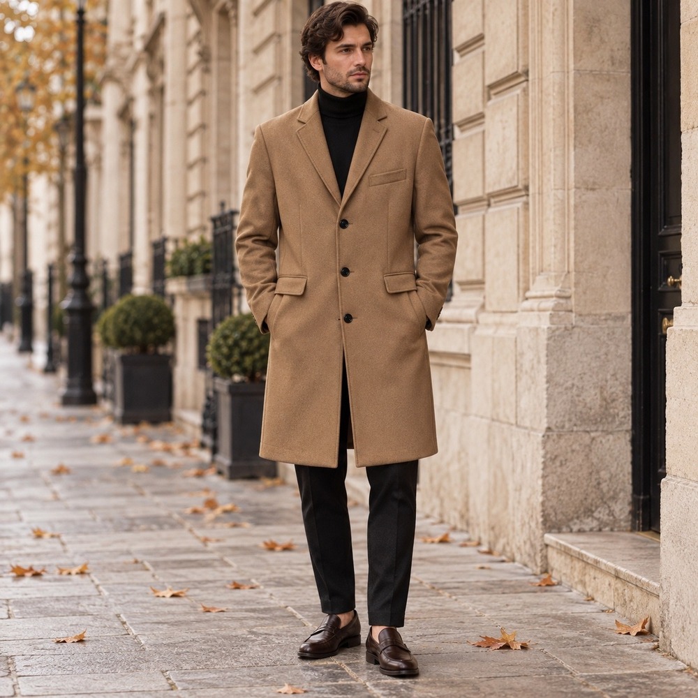 Zara Man Italian Wool Blend Camel Overcoat Men's M 40 Tailored Long Coat